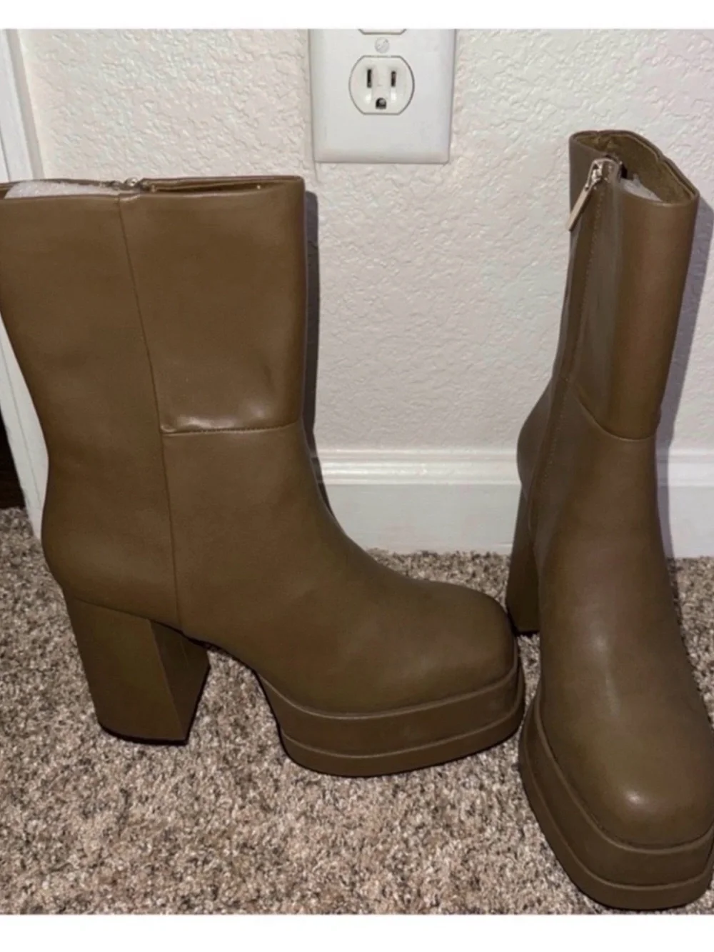 H&M Olive Platform Block-Heel Ankle Boots